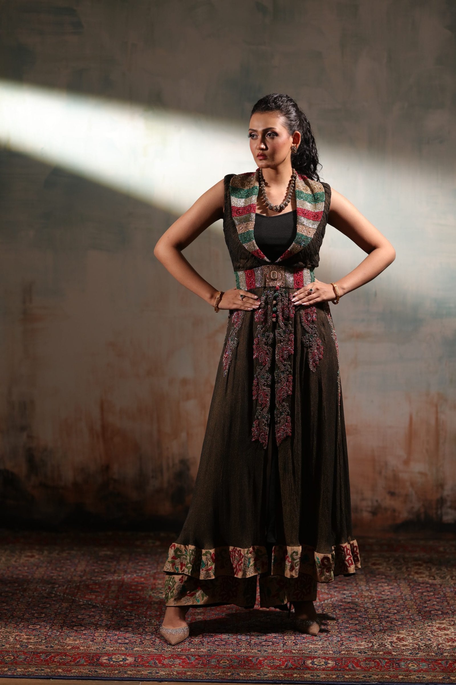 Sequin Embroidered Front Open Shawl Collar Shirt and Trouser - Image 2