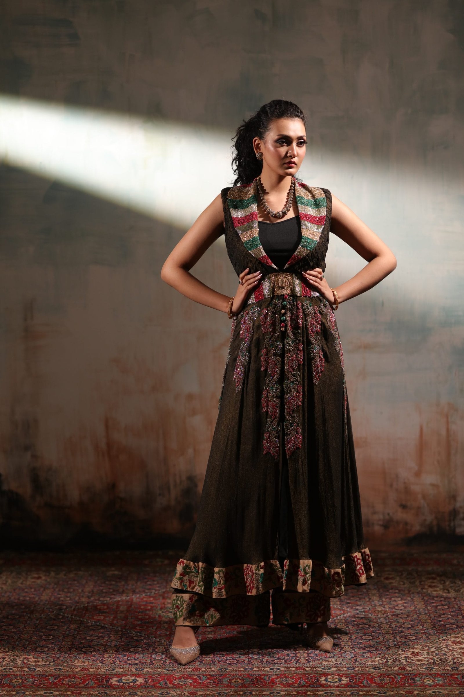Sequin Embroidered Front Open Shawl Collar Shirt and Trouser - Image 11