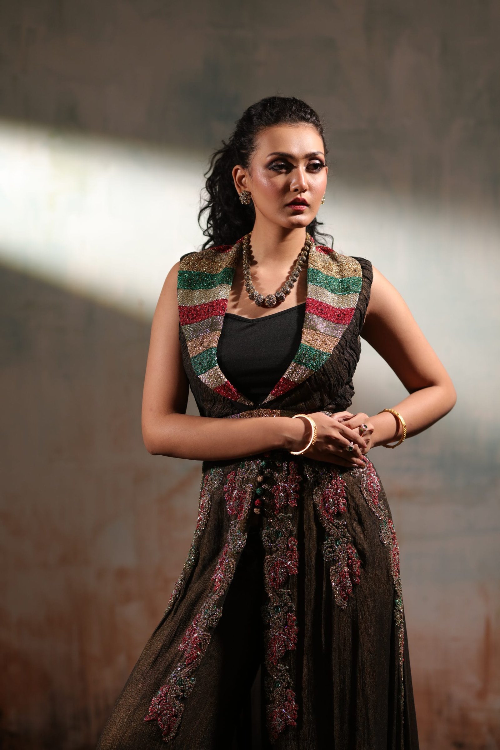 Sequin Embroidered Front Open Shawl Collar Shirt and Trouser - Image 8