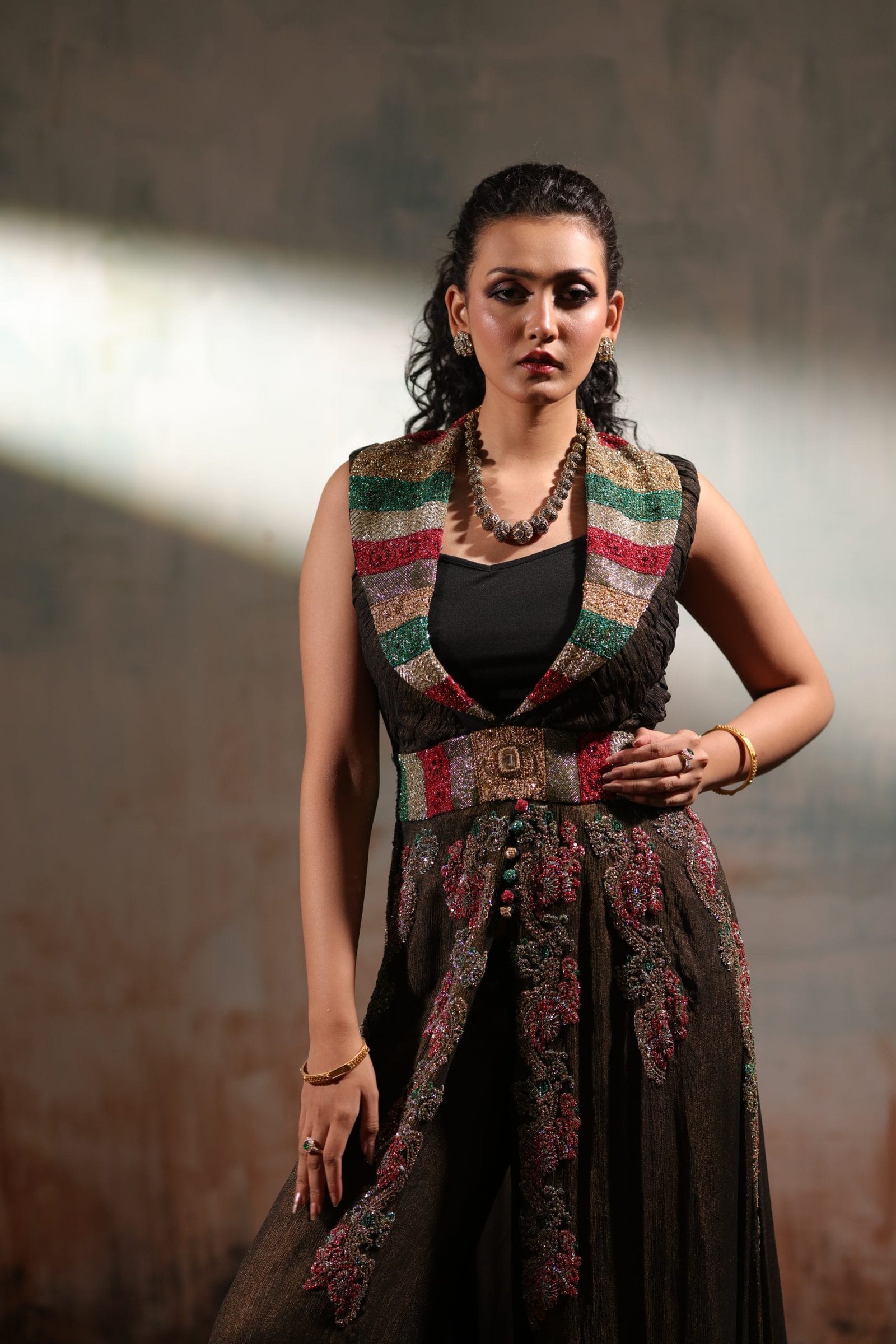 Sequin Embroidered Front Open Shawl Collar Shirt and Trouser