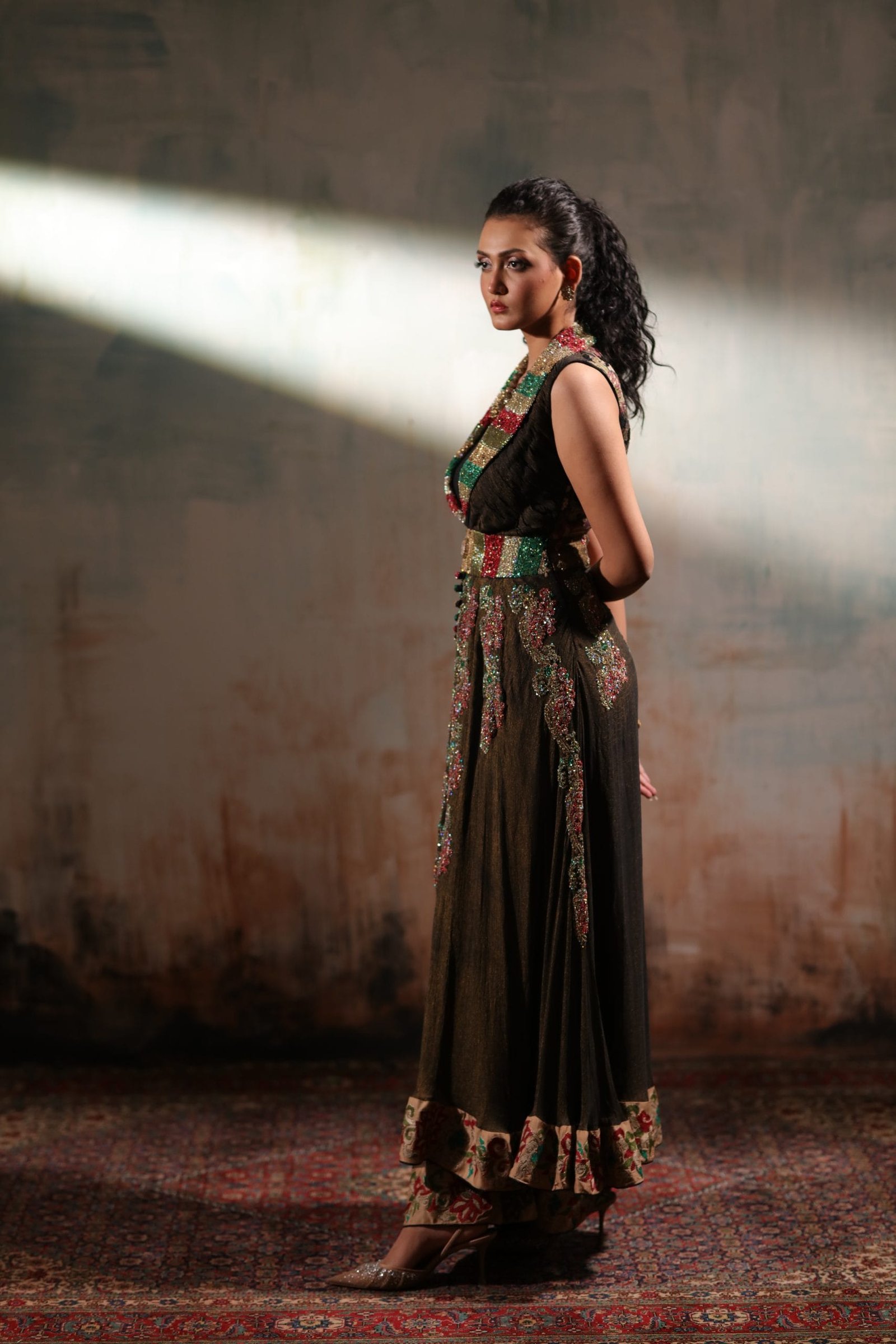 Sequin Embroidered Front Open Shawl Collar Shirt and Trouser - Image 6
