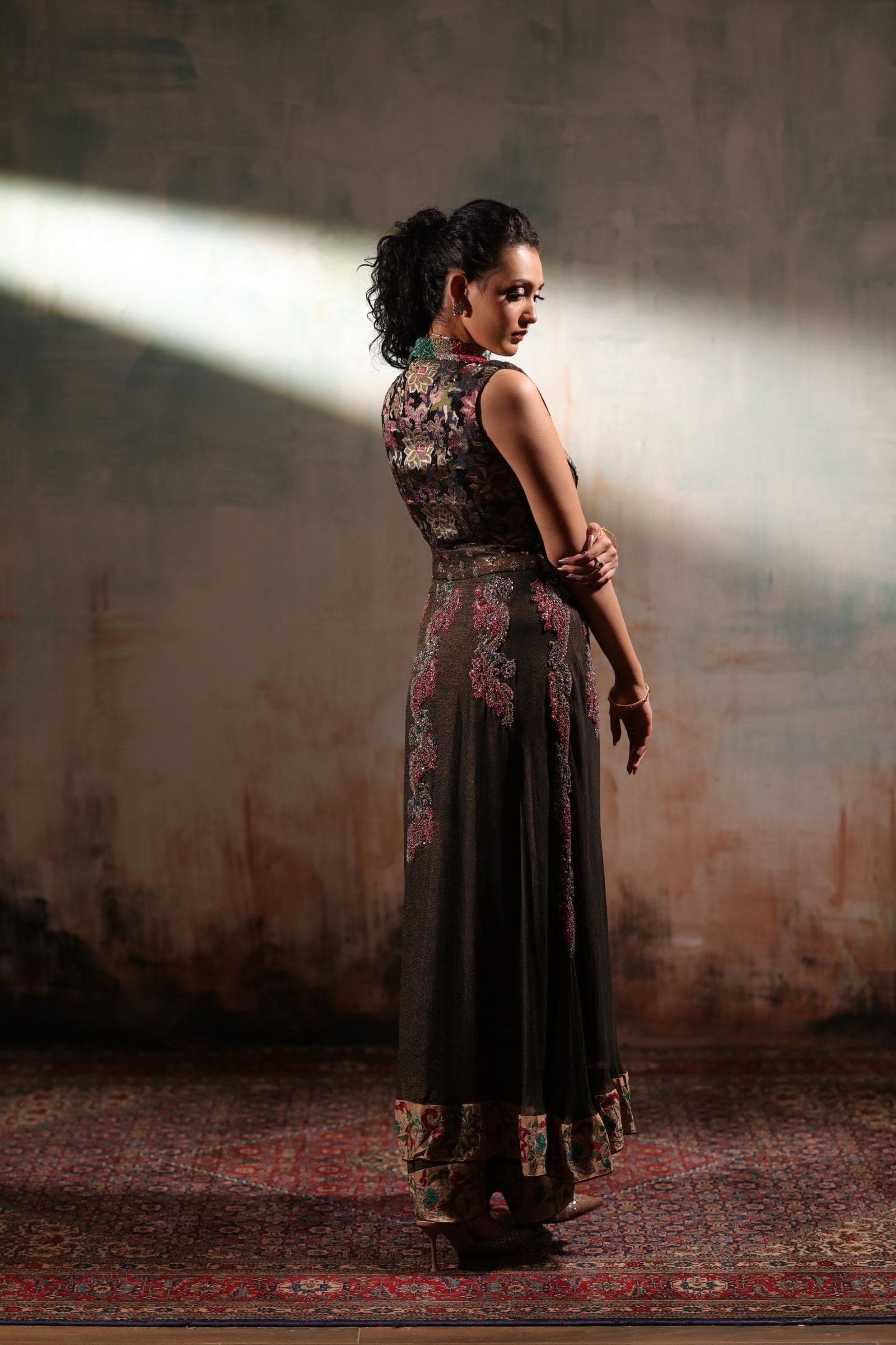 Sequin Embroidered Front Open Shawl Collar Shirt and Trouser - Image 5