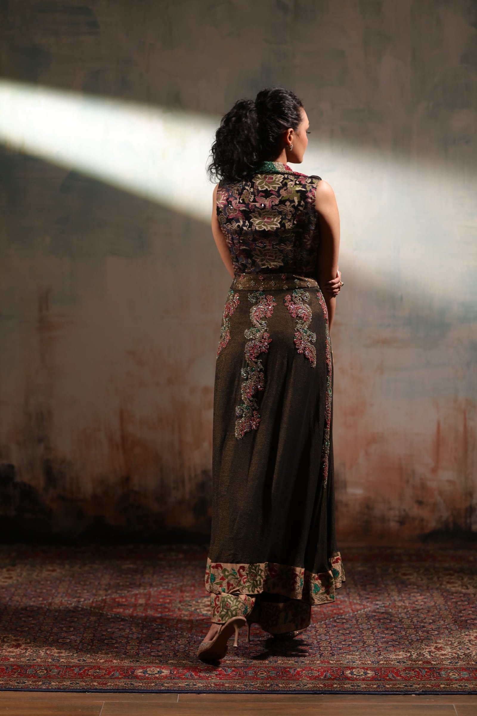Sequin Embroidered Front Open Shawl Collar Shirt and Trouser - Image 4