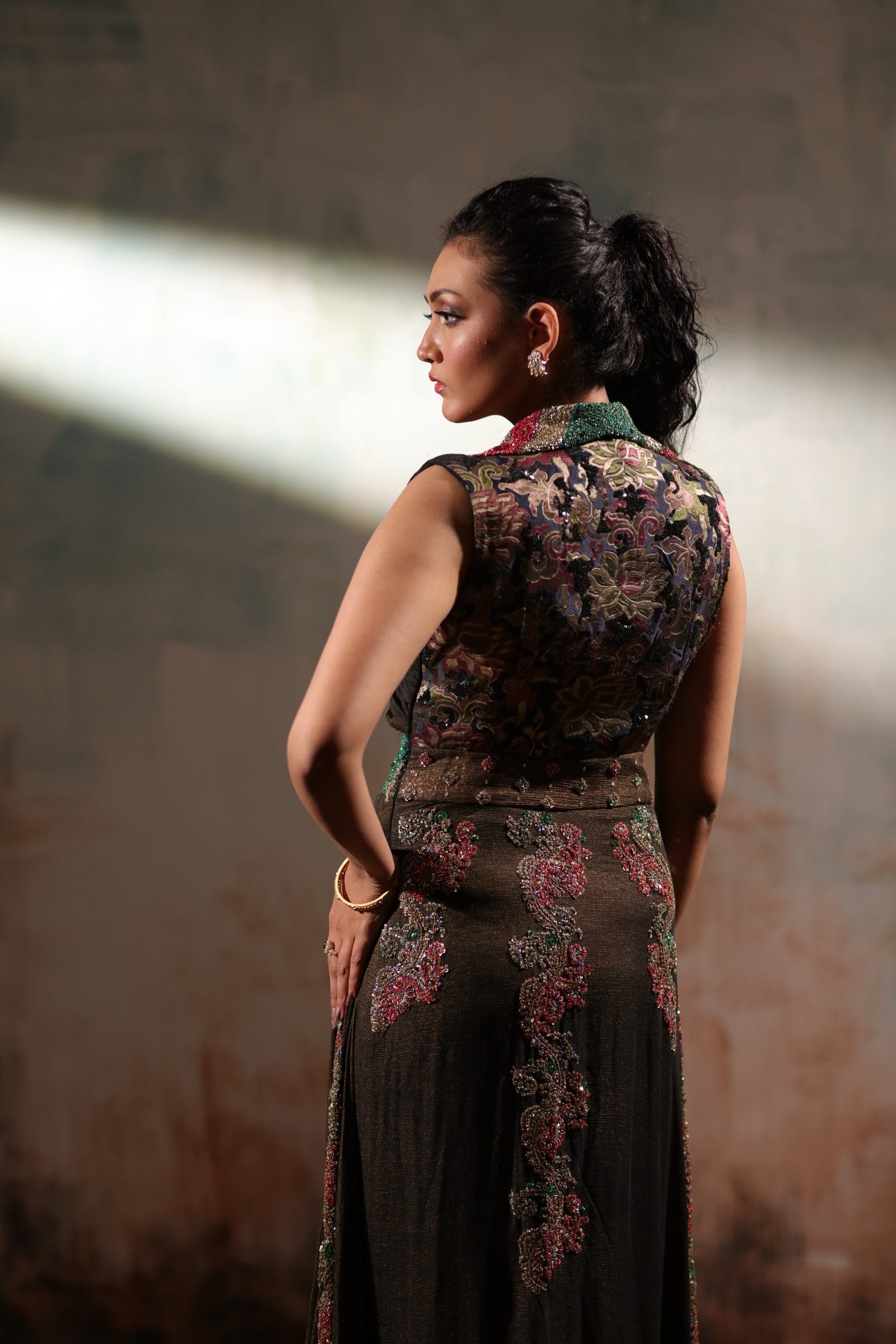 Sequin Embroidered Front Open Shawl Collar Shirt and Trouser - Image 3