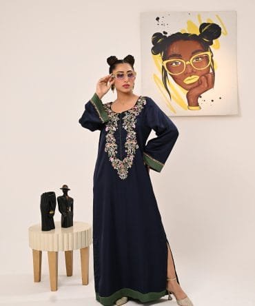 Navy Blue with Green Trims Long Kaftan Shirt