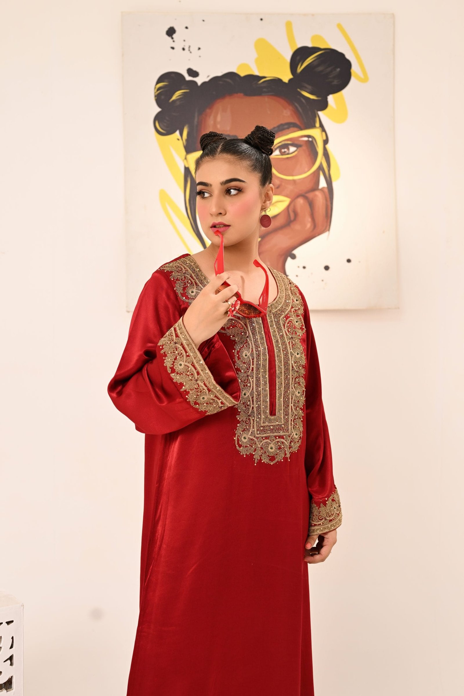 Red Long Kaftan Shirt - Image 4